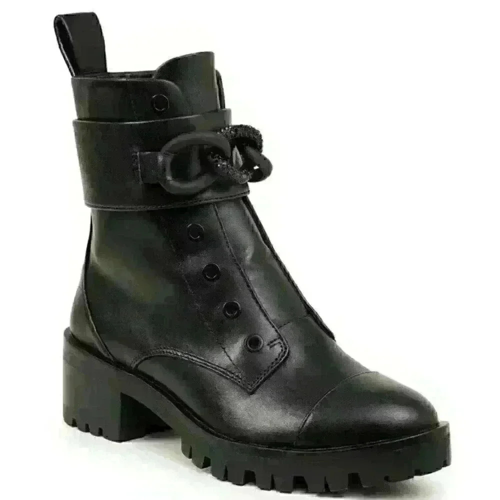 ❤️KARL LAGERFELD PARIS NIB Pepper Rhinestone Curb Link Combat Boots size 5 Black - Picture 1 of 8